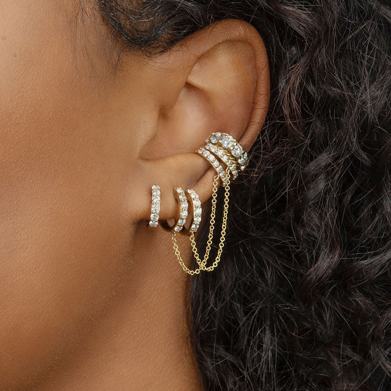 Dainty Pave Huggie Hoops with Drop Chain Link