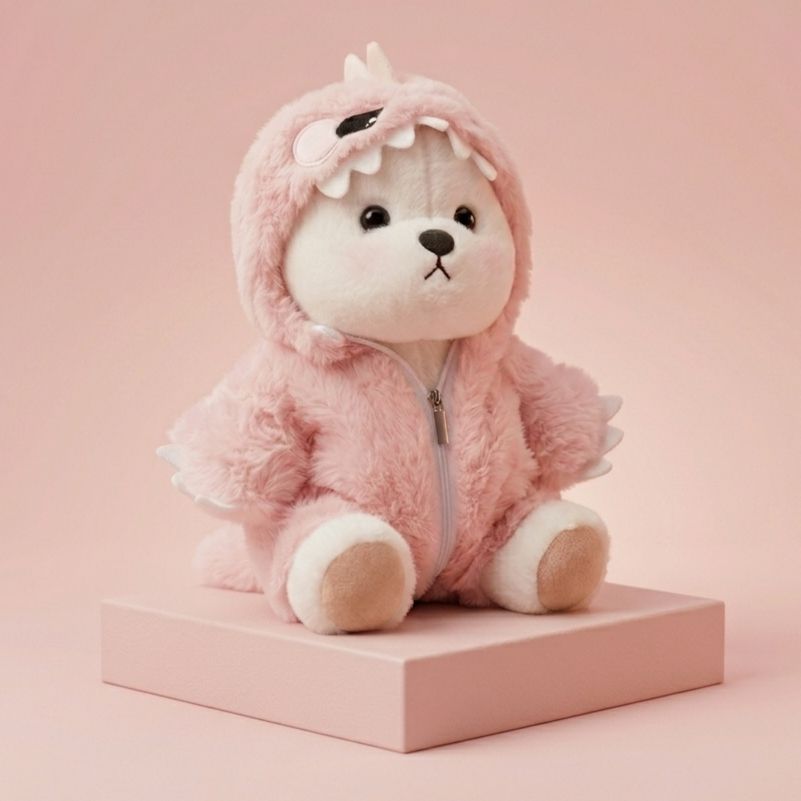 Pink plush toy with a hood on a pink platform against a pink background
