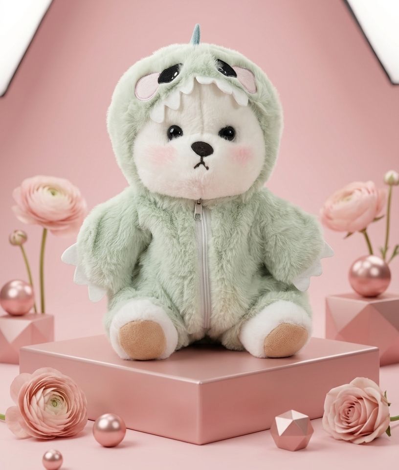 Plush toy in a green unicorn costume on a pink platform with flowers and decorative elements.