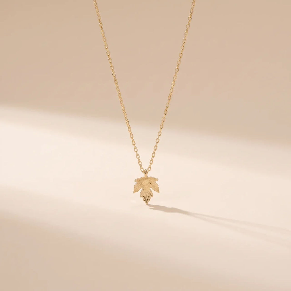 A delicate gold chain necklace with a small leaf-shaped pendant, displayed against a warm beige background with soft shadows.