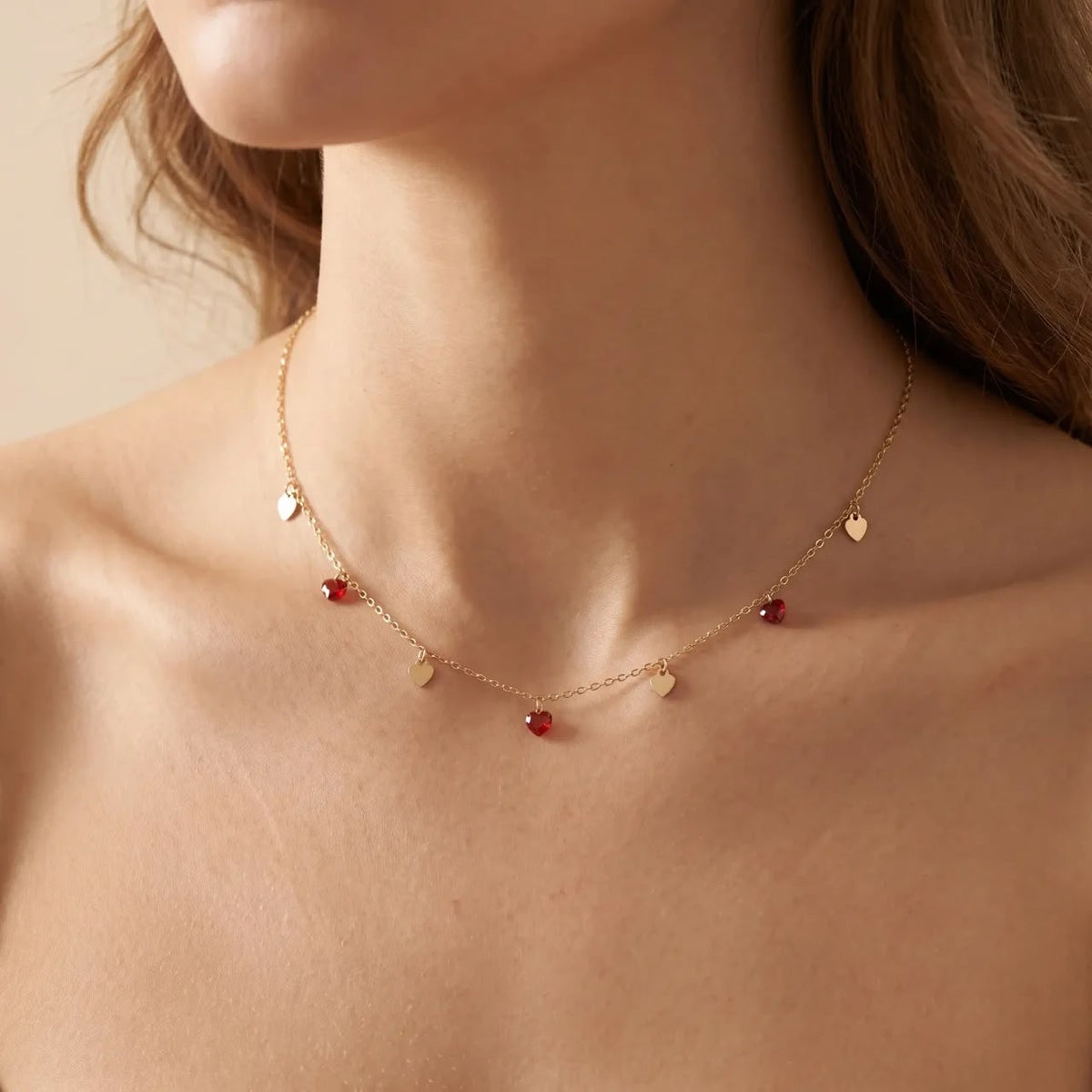 Red Crystal Heart Station Necklace – 925 Sterling Silver, Gold Plated