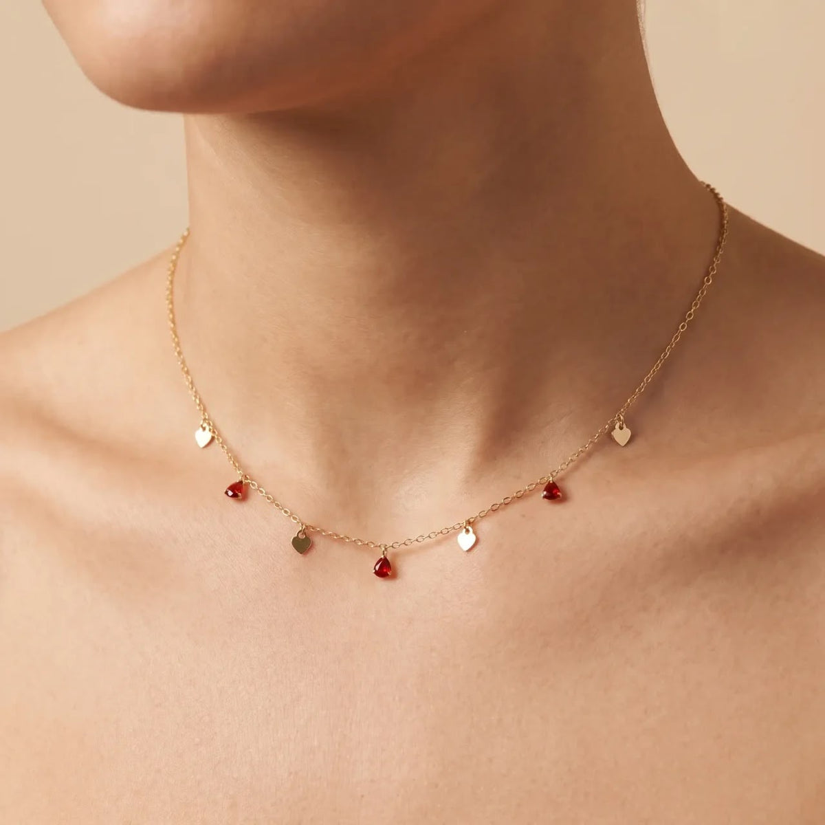 Red Crystal Heart Station Necklace – 925 Sterling Silver, Gold Plated