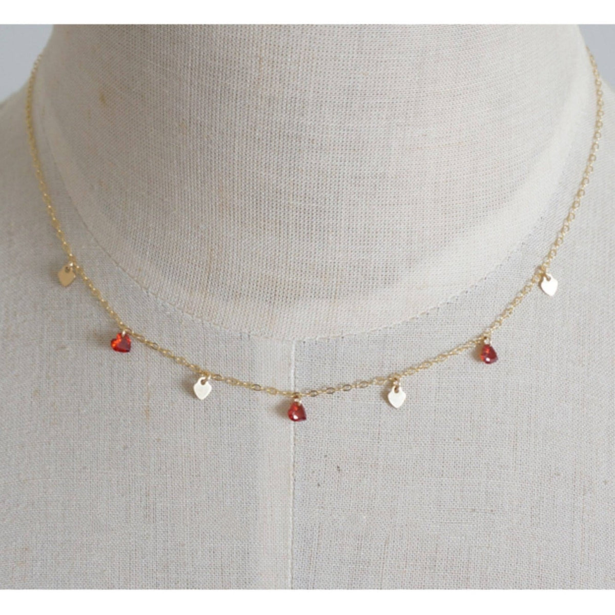 Red Crystal Heart Station Necklace – 925 Sterling Silver, Gold Plated
