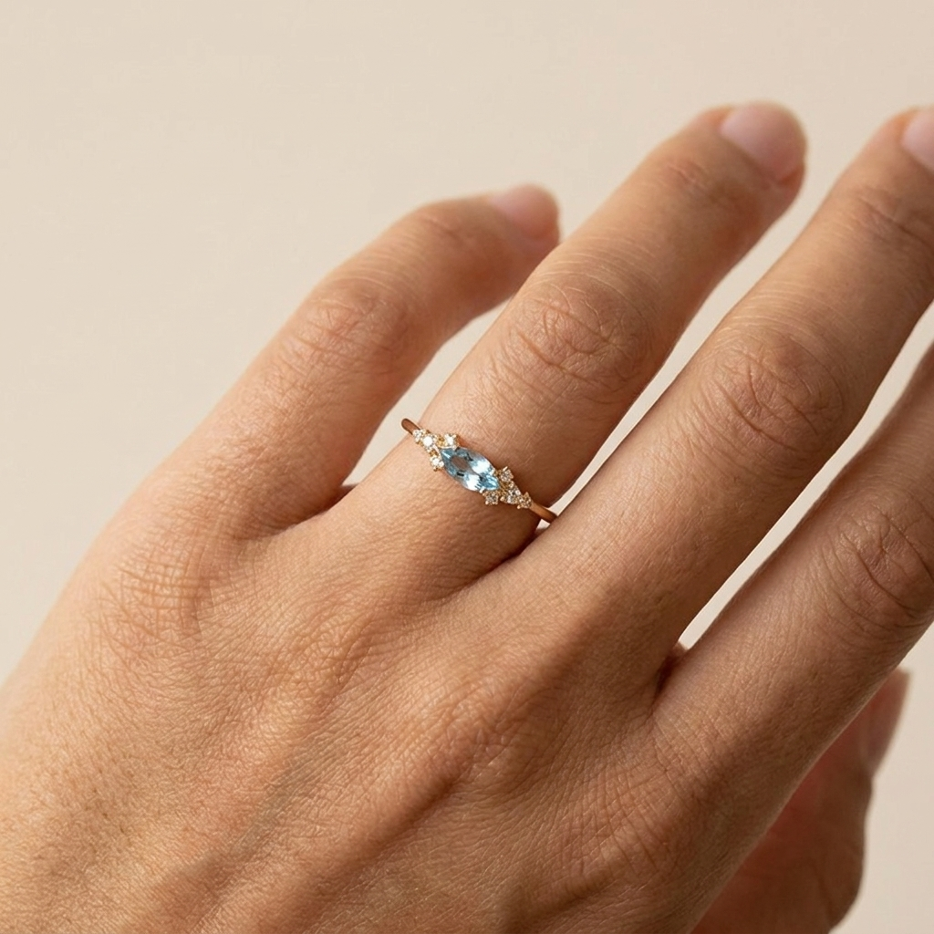 Aquamarine Blue Ring – 925 Sterling Silver, Gold Plated | Pinky Promise