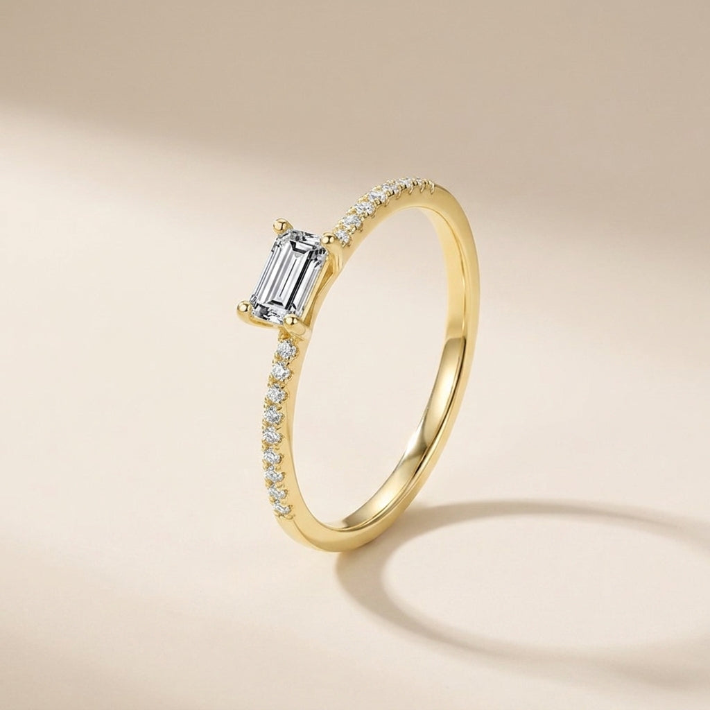 Buy Baguette Solitaire Pavé Ring - Gold Plated 925 Sterling Silver - Rings at Presentopia