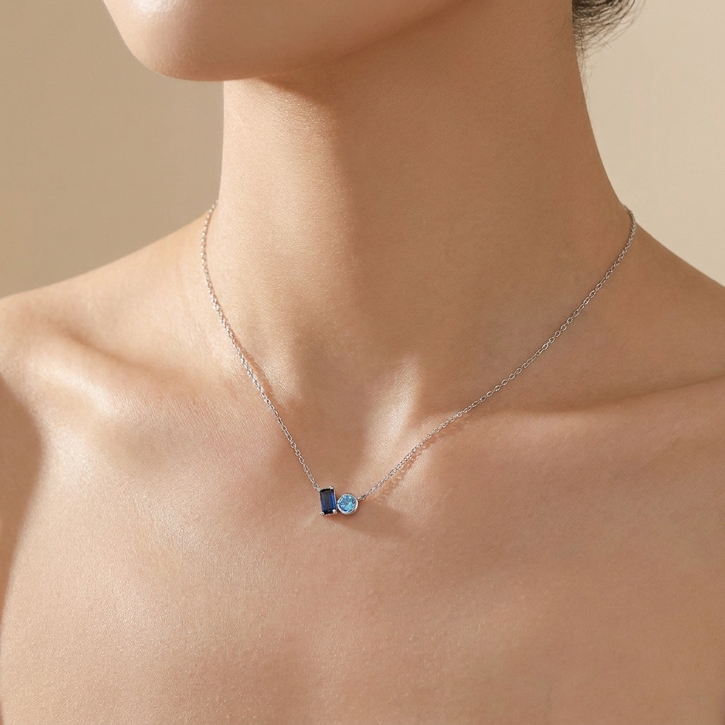 Blue Baguette & Round Duo Necklace - 925 Sterling Silver | Pinky Promise