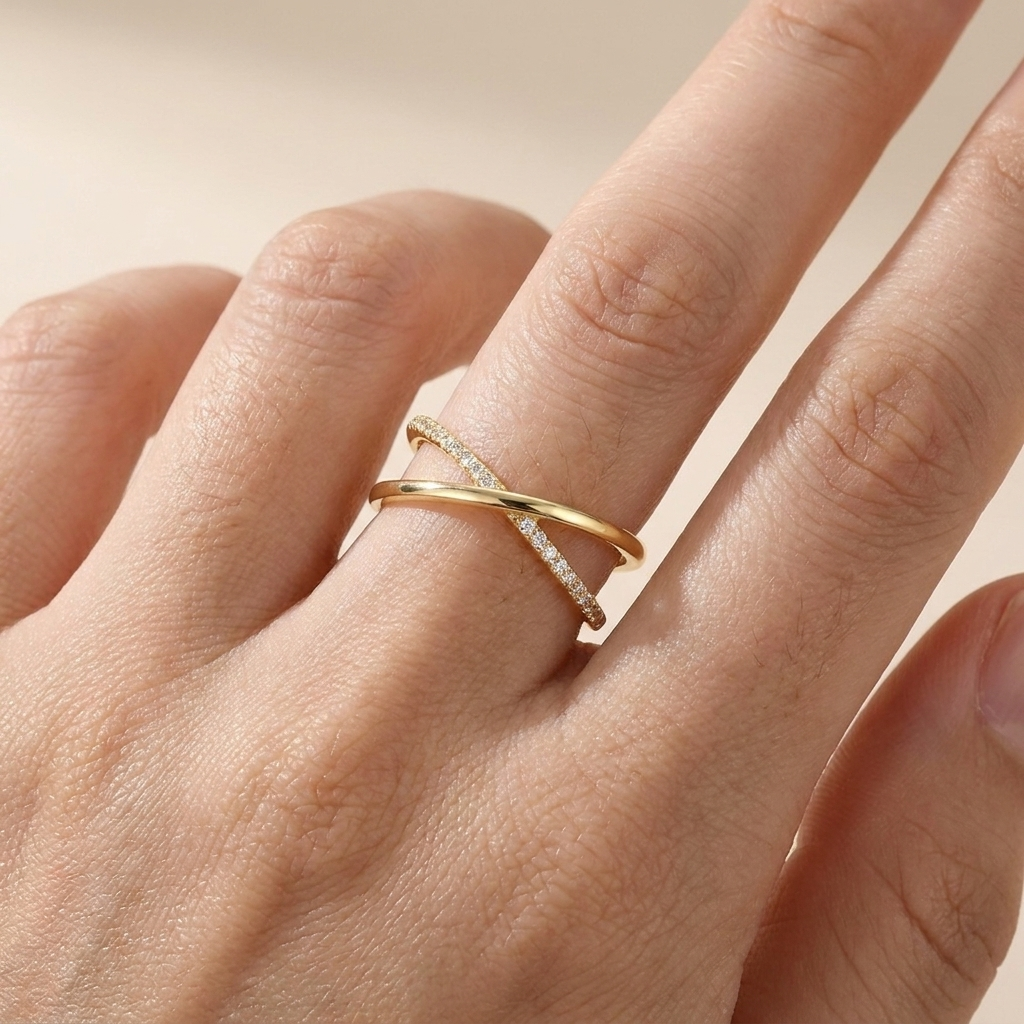 Buy Crisscross Pavé X Ring – 925 Sterling Silver, Gold Plated - Rings at Presentopia - View 2