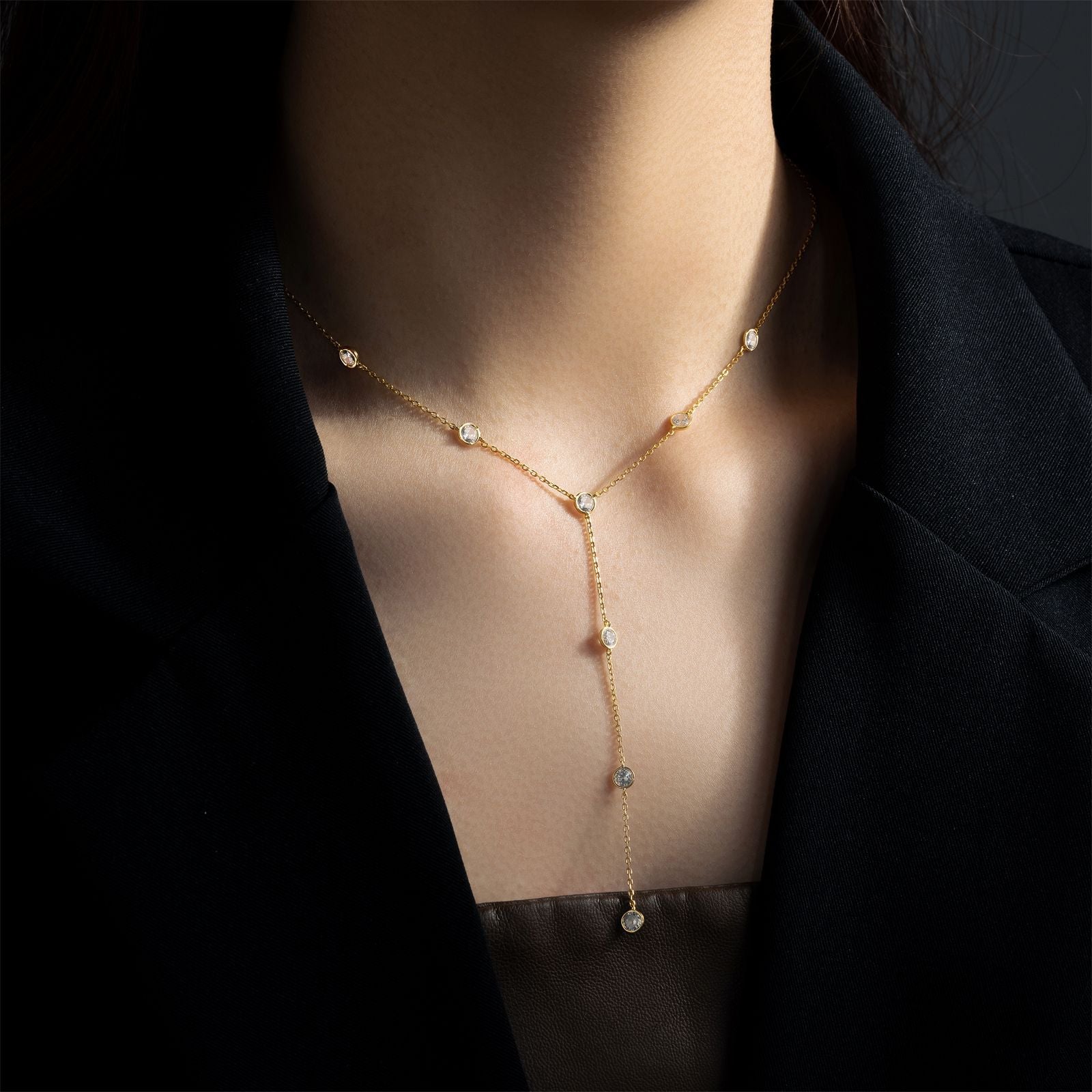 Dainty Bezel-Set Crystal Y-Necklace in Gold Vermeil - View 2
