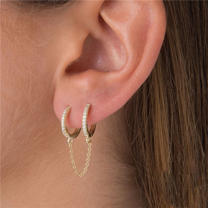 Dainty Pave Huggie Hoops with Drop Chain Link - View 2