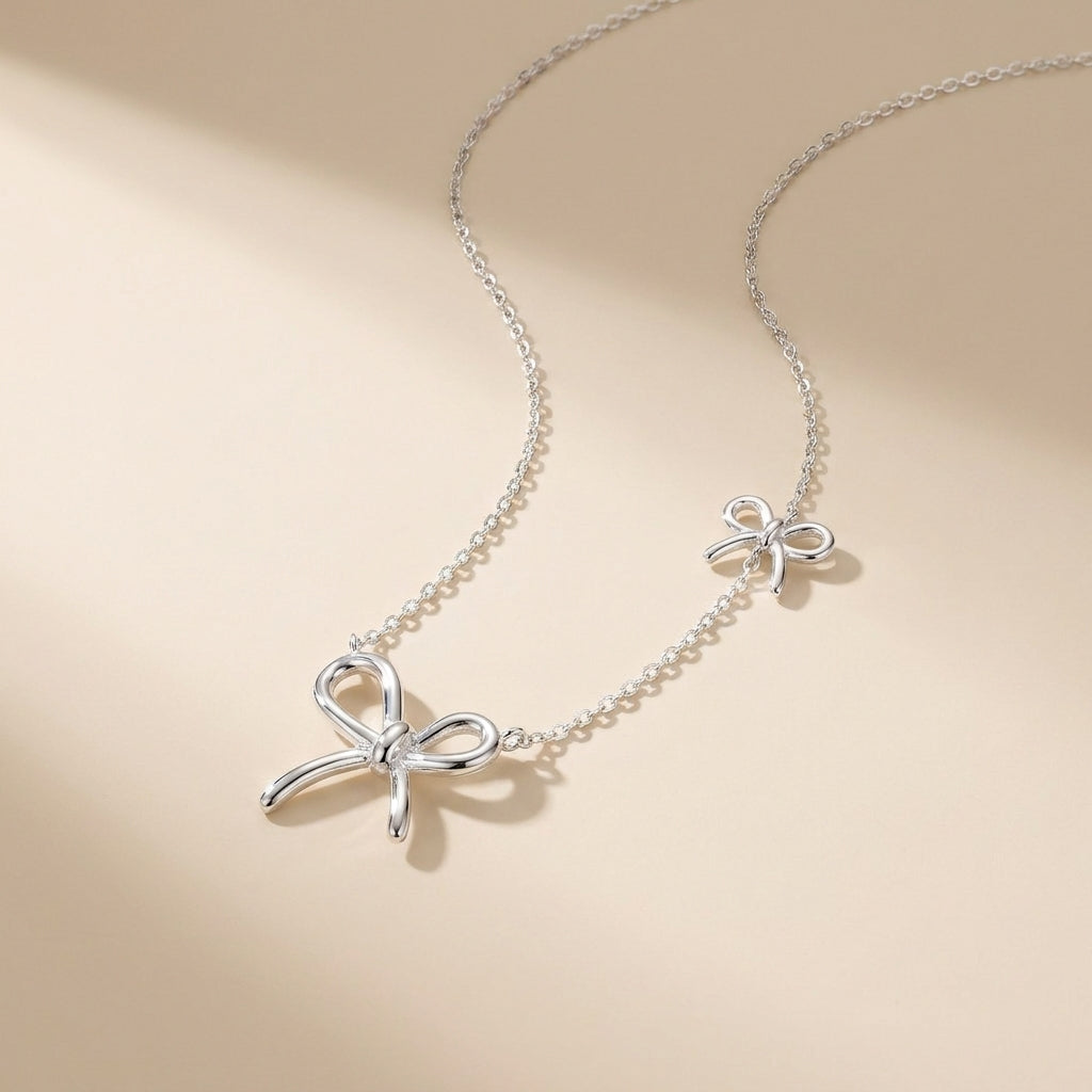 Buy Double Bow Charm Necklace - 925 Sterling Silver at Pinky Promise