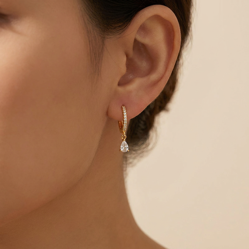 Buy Pavé Huggie Hoop Earrings with Teardrop Charm - Gold Plated 925 Sterling Silver - Earrings at Presentopia - View 2