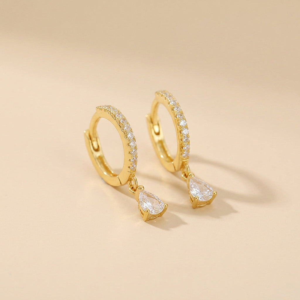 Buy Pavé Huggie Hoop Earrings with Teardrop Charm - Gold Plated 925 Sterling Silver - Earrings at Presentopia
