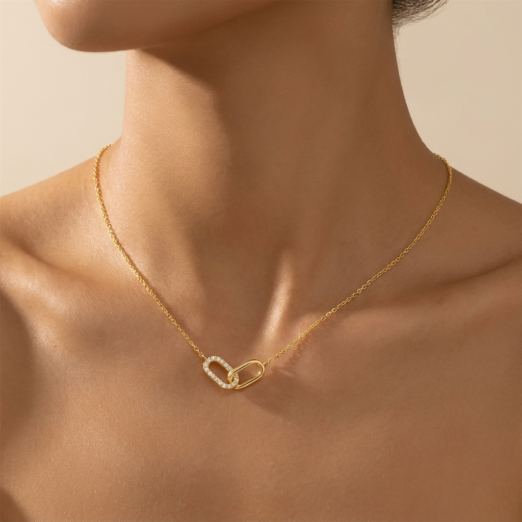 Pavé Interlocking Link Necklace – 925 Sterling Silver, Gold Plated | Pinky Promise
