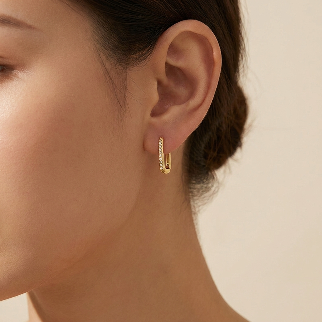 Buy Pavé Oval Huggie Hoop Earrings - Gold Plated 925 Sterling Silver - Earrings at Presentopia - View 3