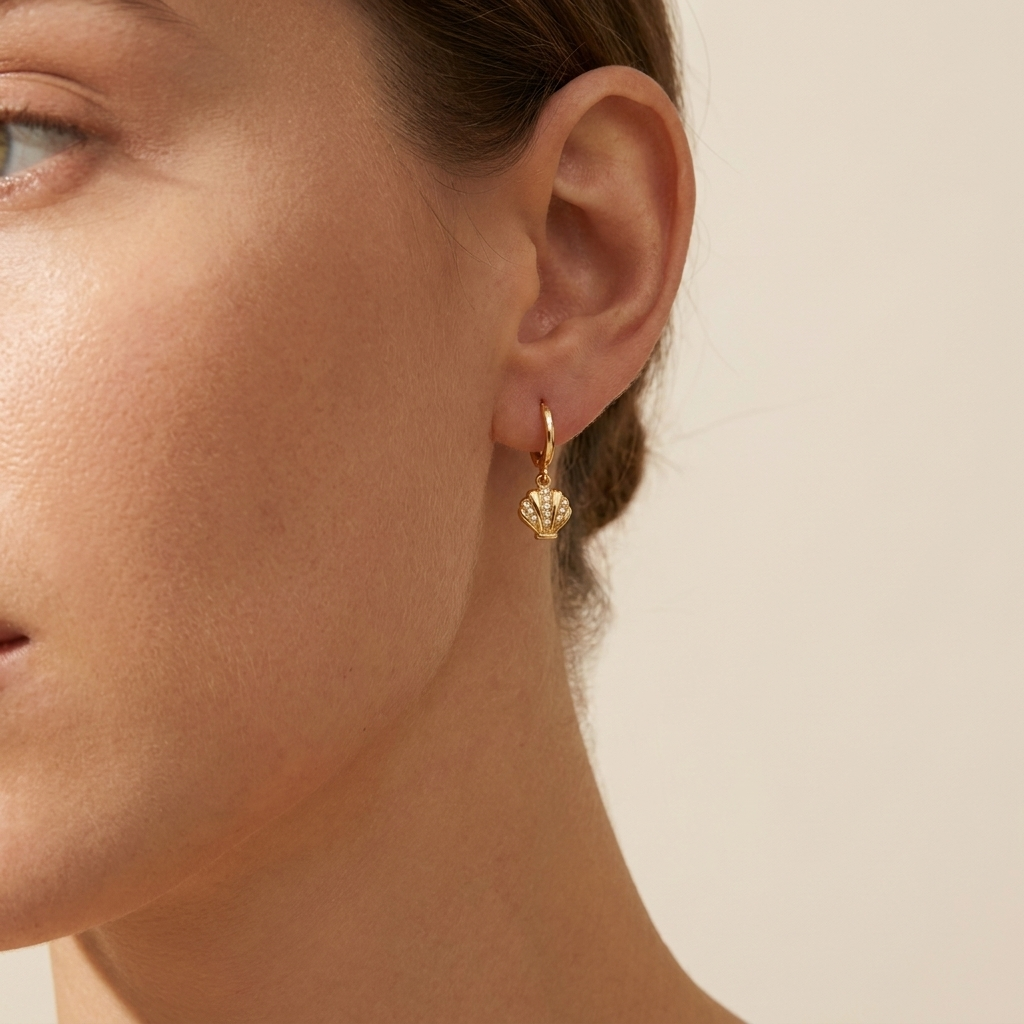 Buy Pavé Seashell Huggie Hoop Earrings – Gold Plated 925 Sterling Silver - Earrings at Presentopia - View 2