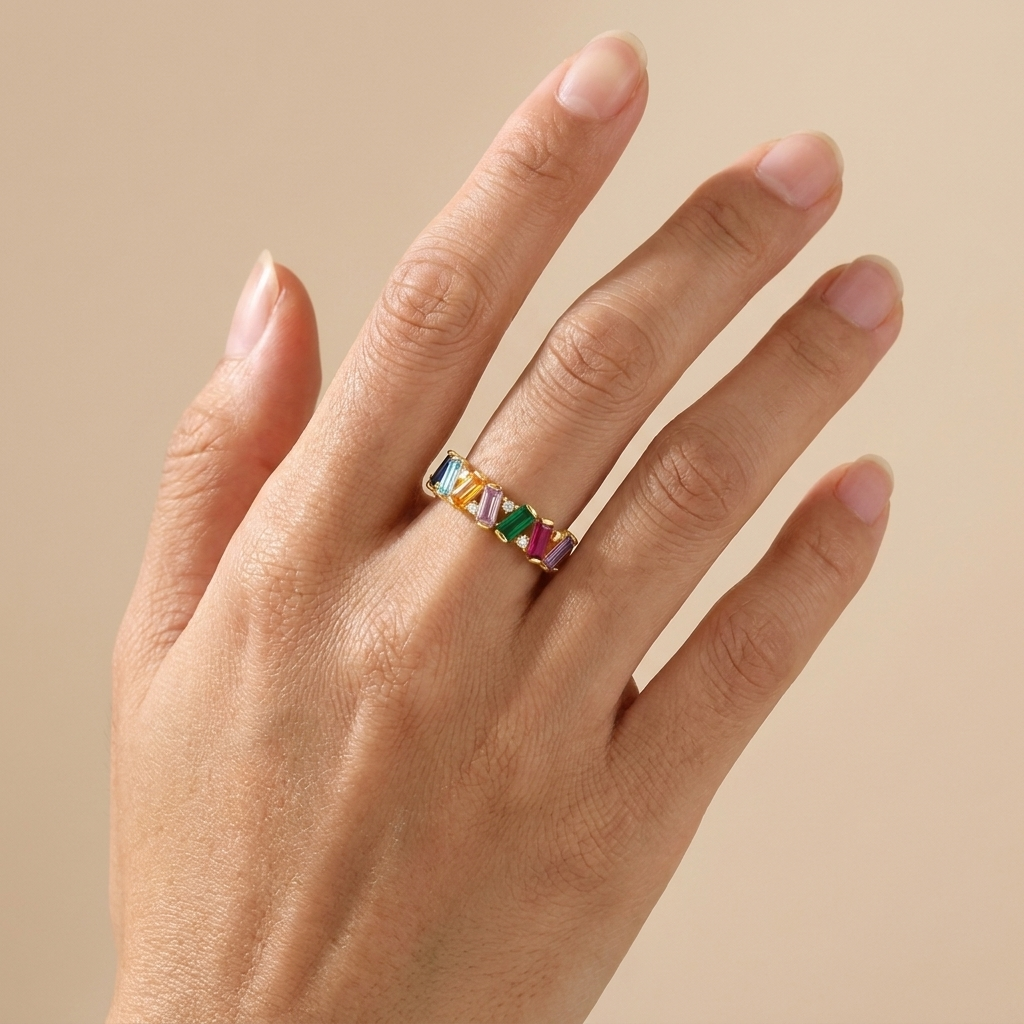 Buy Rainbow Baguette Zigzag Ring - Gold Plated 925 Sterling Silver - Rings at Presentopia - View 2