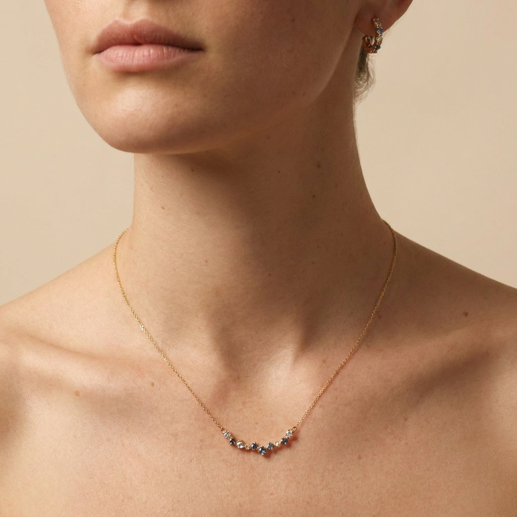 Buy Scattered Blue Zircon Curved Necklace – Gold Plated 925 Sterling Silver - Necklaces at Presentopia - View 2